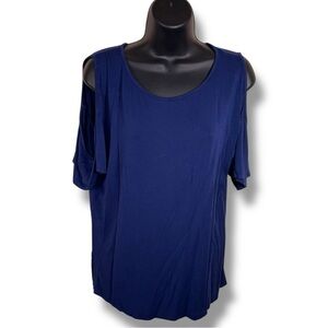 XL Isaac Liev Navy Blue Top Short Cutout Sleeve Casual Stretch